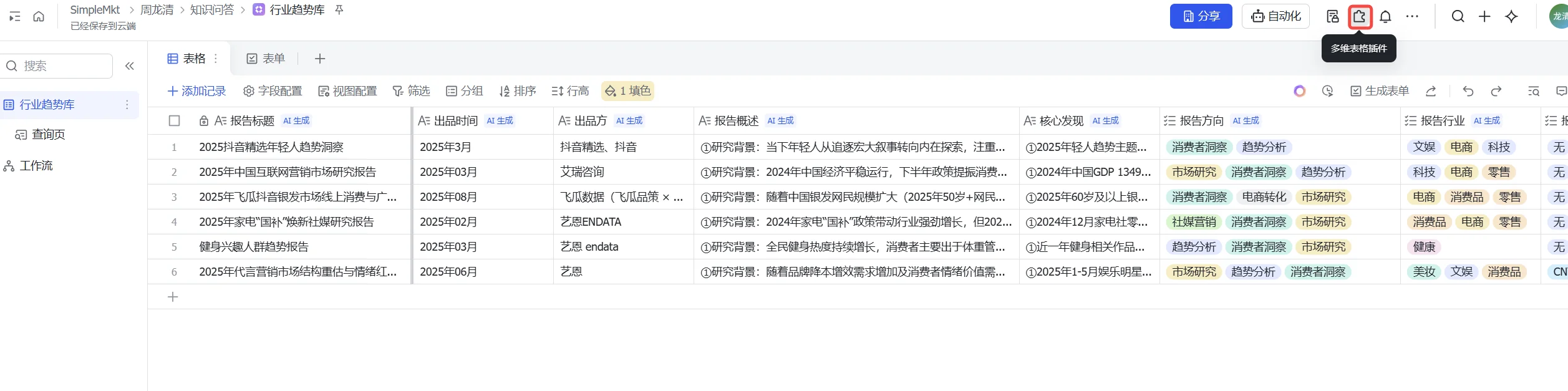 多维表格行数据高亮选中状态