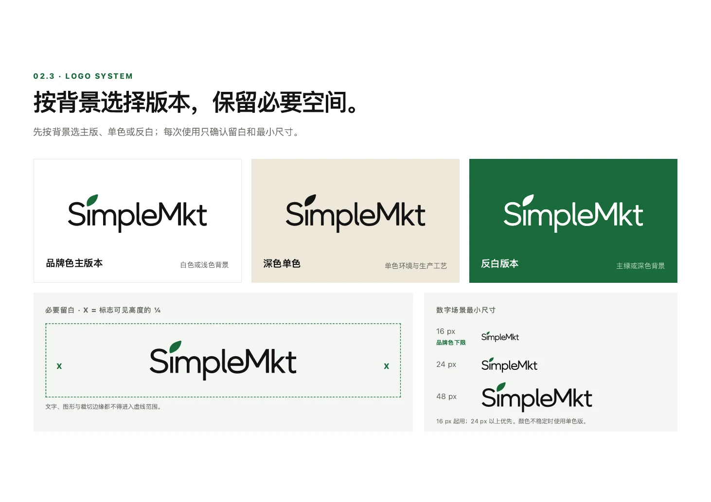 Page 5 of the SimpleMkt logo guide, showing variants, clear space, and sizing rules in Chinese