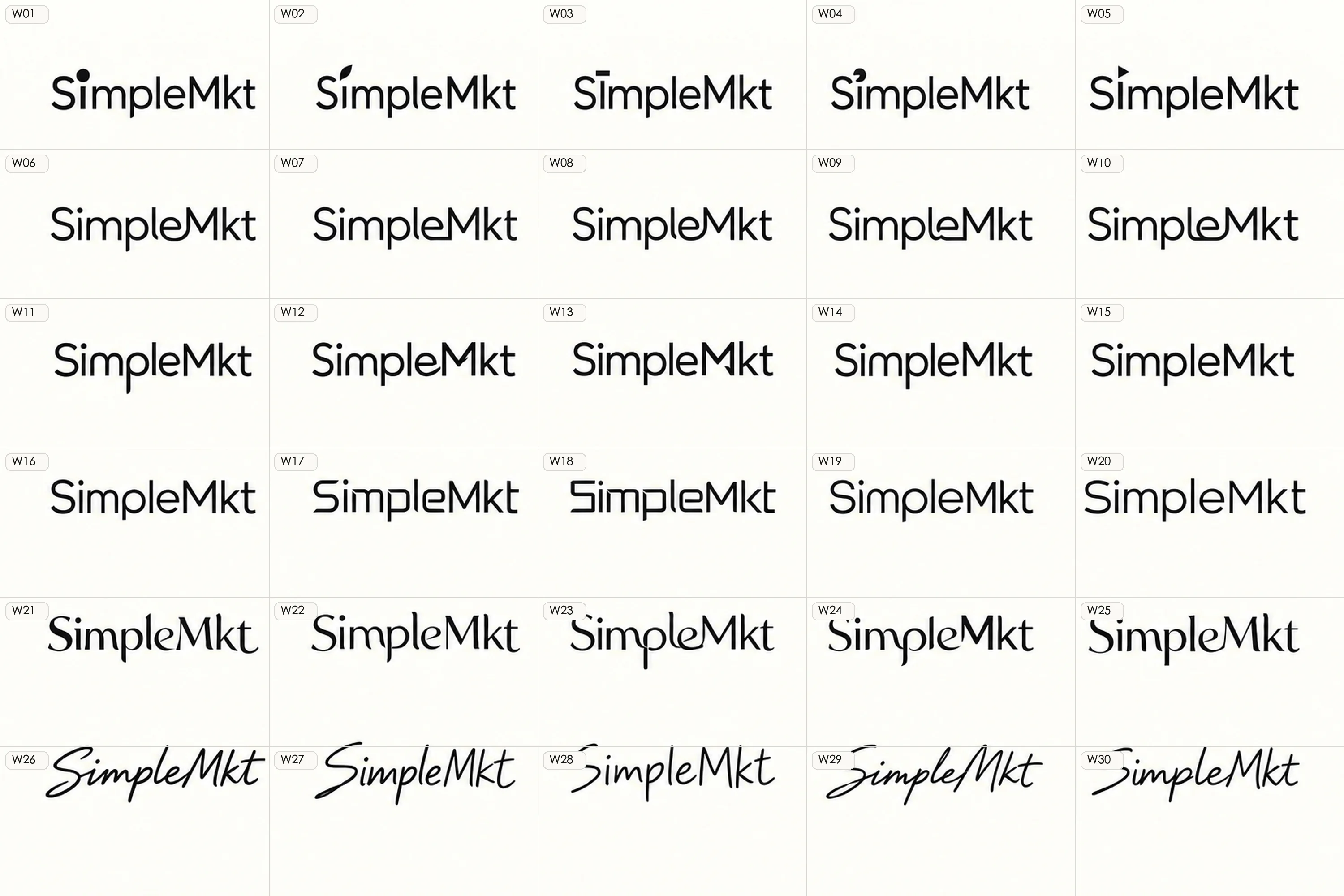 Actual SimpleMkt design board with 30 wordmark candidates