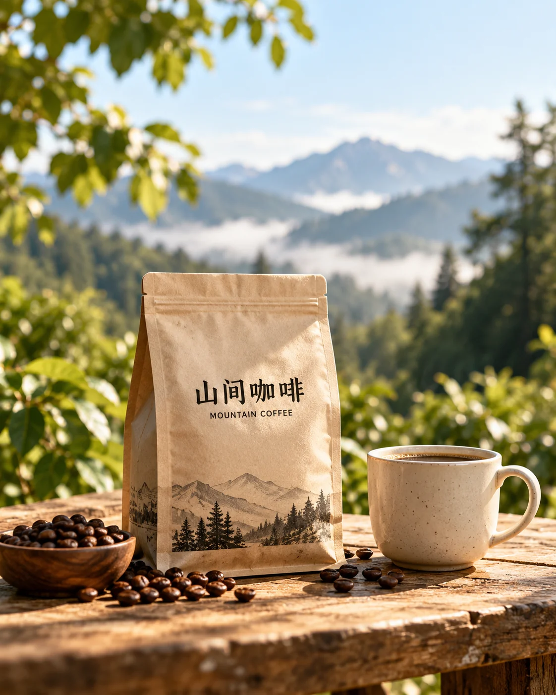 Fictional Mountain Coffee packaging and a coffee cup