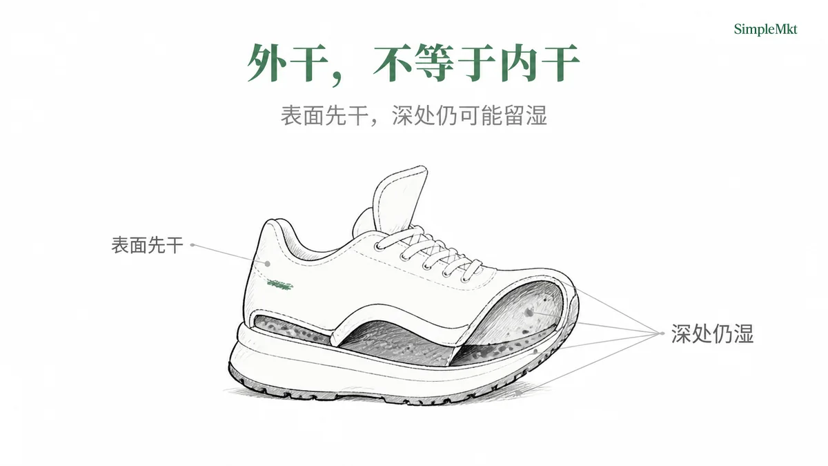 Cutaway shoe illustration explaining that a dry exterior may hide moisture inside