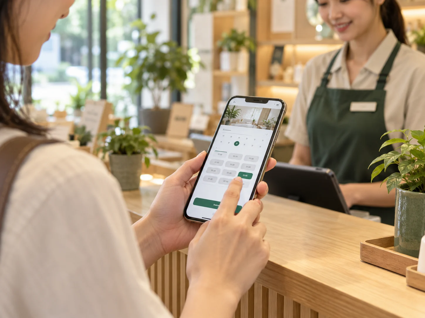 A customer making a booking on a phone in a service venue