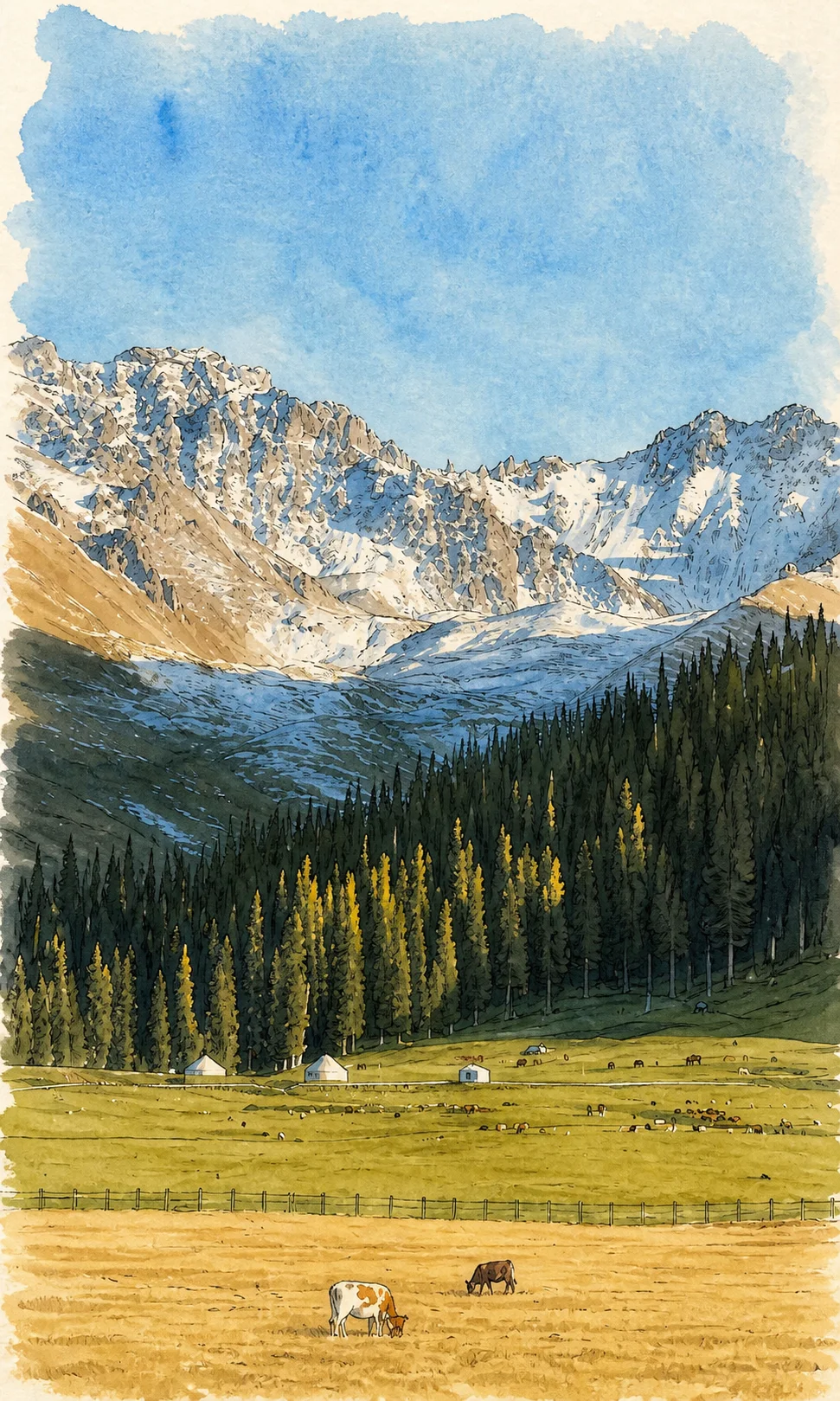 Ink-and-watercolor redraw of the same alpine valley