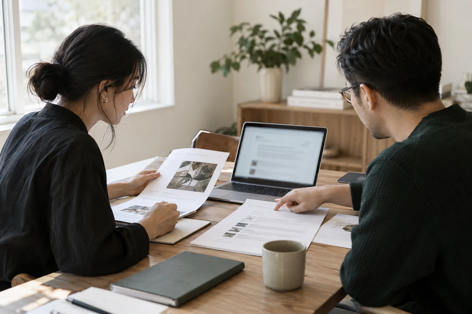 Illustrative scene of colleagues verifying an AI answer against source documents