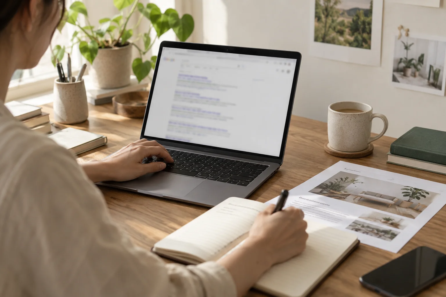 Illustrative scene of a strategist reviewing search results and website content