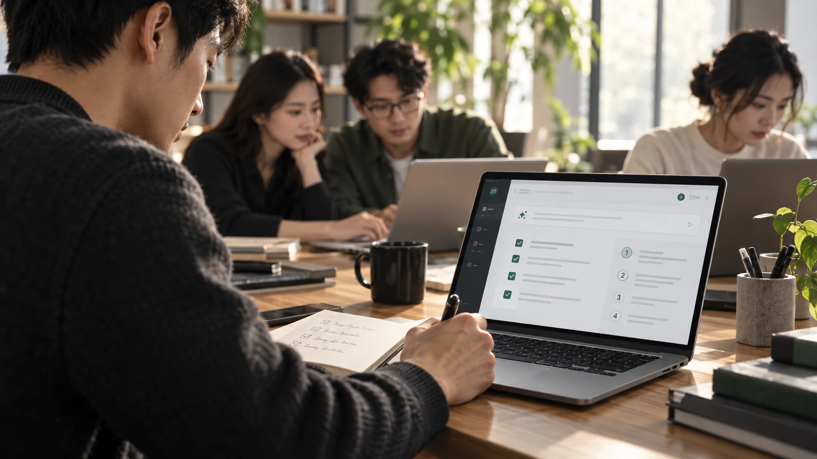 Illustration of a team practicing tasks around laptops, not a photo from a training session